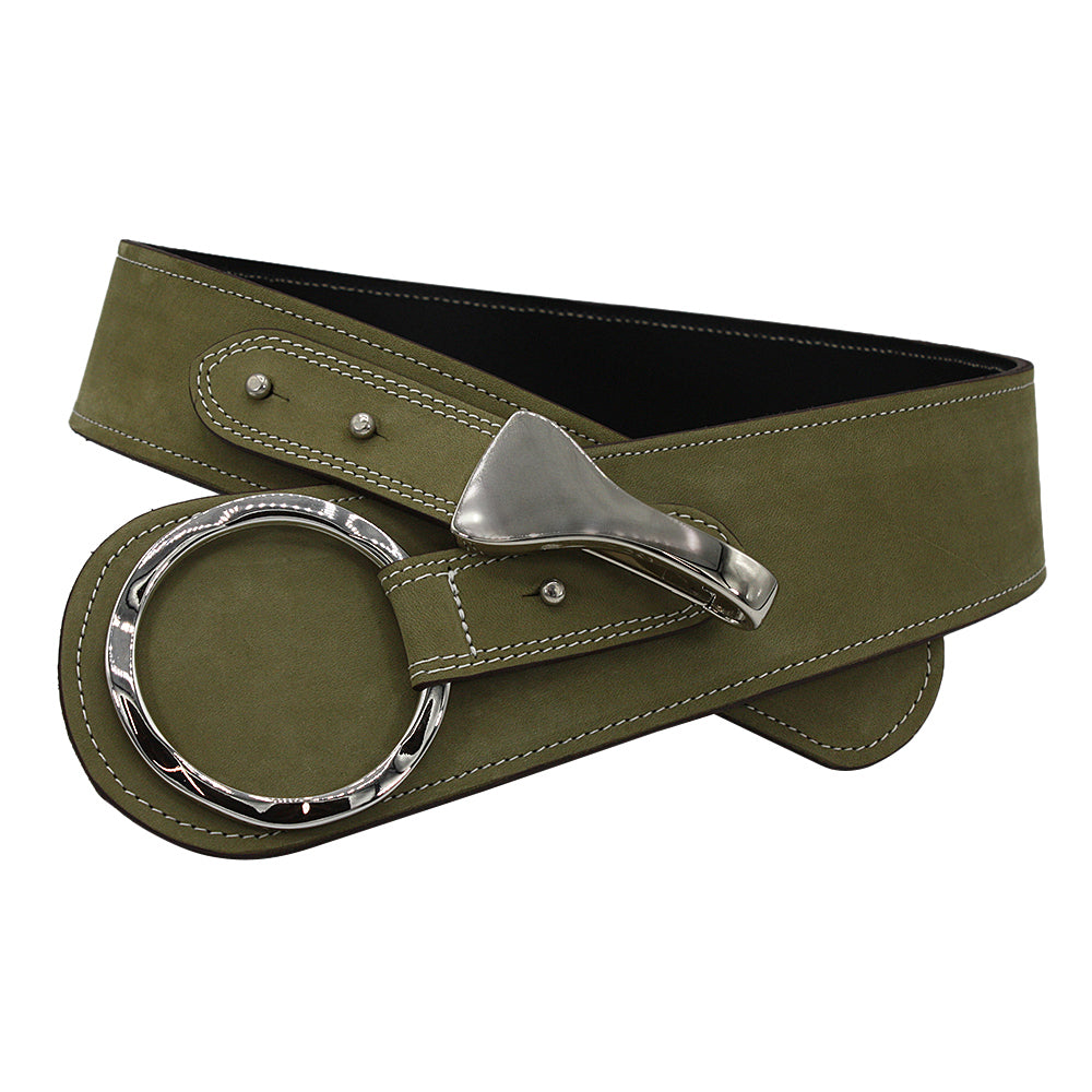 Florentina Sage Green Full Grain Nubuck leather lined Curved Drop Waist Belt with Silver Ring and Clip